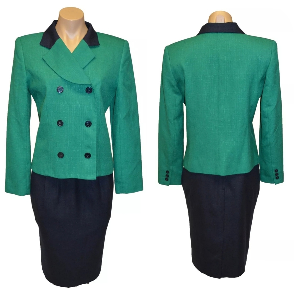 Atrium Collection Vintage 80s Green & Blue Blazer & Skirt Suit Set sz 6